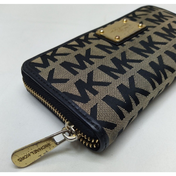 Michael Kors Black Canvas Leather Trim MK Printed Zip Around Credit Card Wallet - Picture 7 of 14